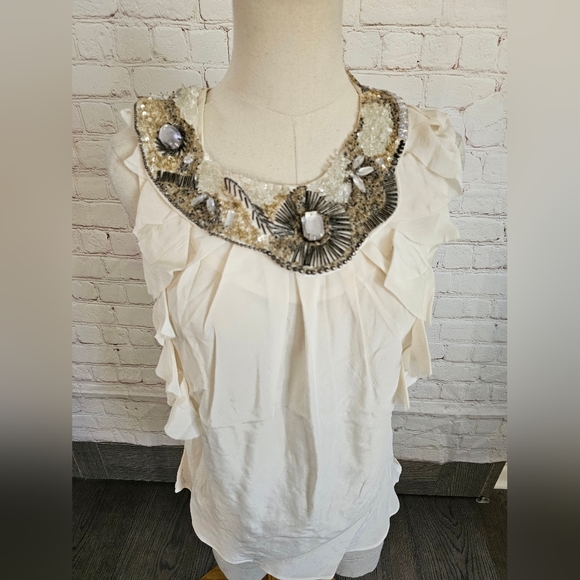 Hannah Jo Silk Top w/ Removable Intricate Bib Necklace | Cream | Small | EUC - Picture 7 of 10
